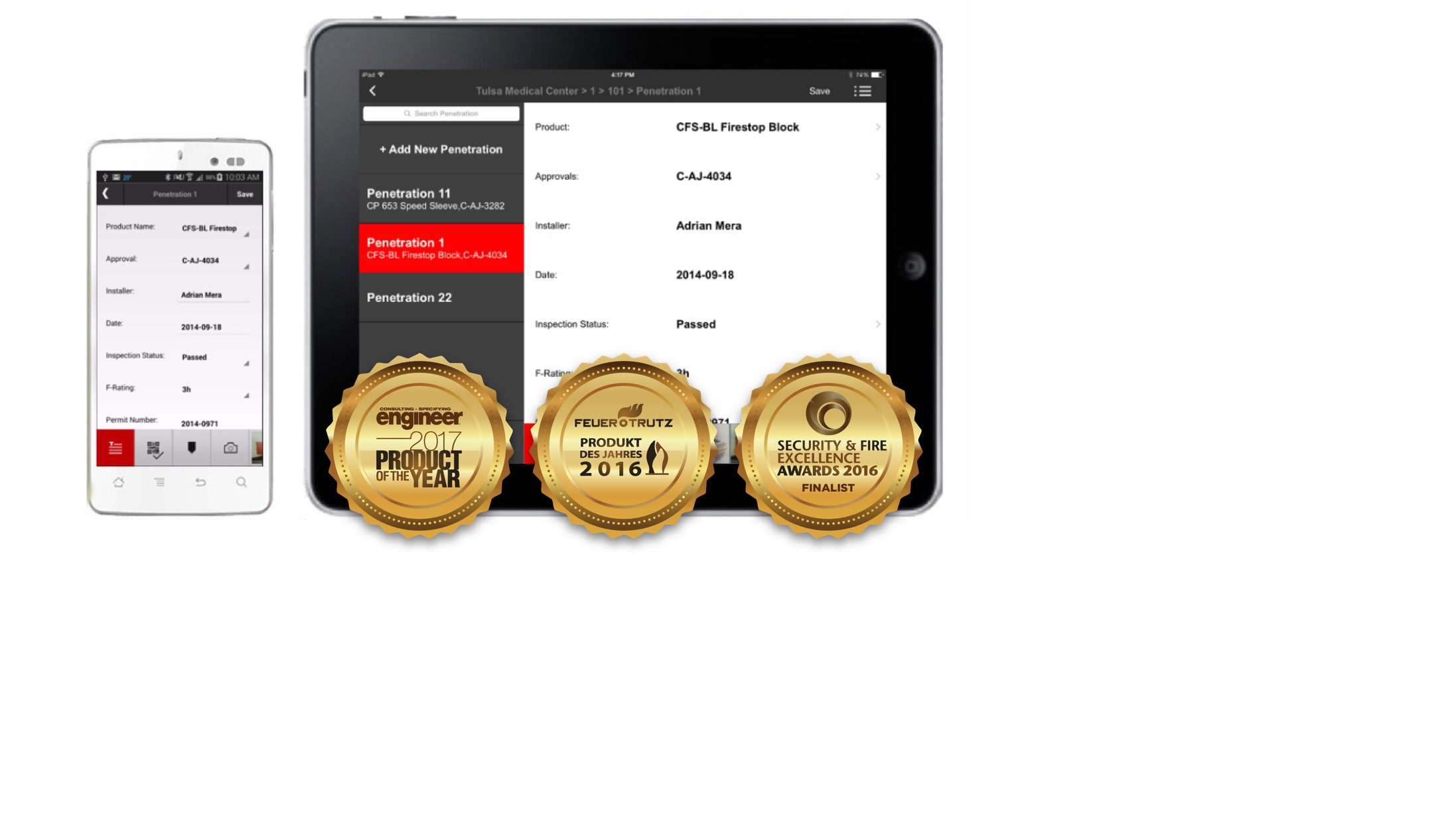 iPhone and iPad with software and gold seals of awards