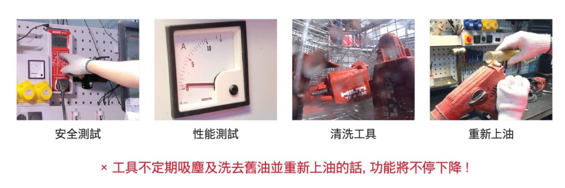工具不定期吸塵及洗去舊油並重新上油的話, 功能將不停下降 !