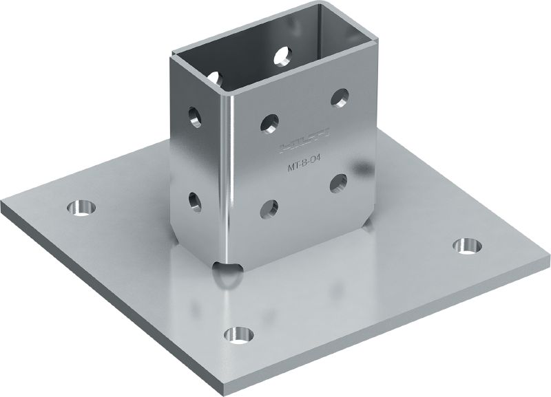 MT-B-O4 3D 負載底板 基座連接件，用於將承受 3D 負載的螺柱坑槽結構錨定到混凝土或鋼材