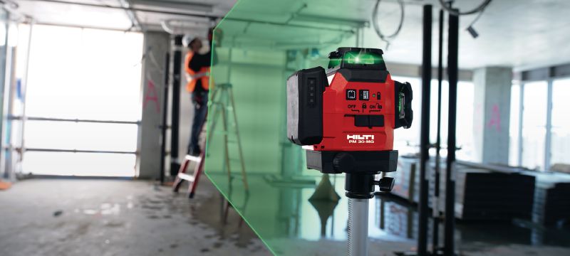 PM 30-MG Multi-line laser level Compact multi-line laser - 3x360° self-leveling green lines for faster leveling, aligning, and squaring (12V battery platform) Applications 1