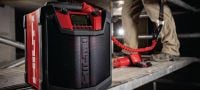 R 6-22 Jobsite radio Battery-powered portable jobsite radio with up to 22 hours of playback per charge and extra durability for use on construction sites (Nuron battery platform) Applications 3