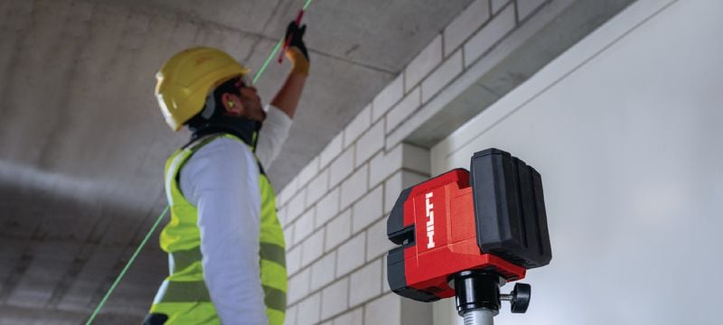 PM 20-CG 12V Plumb and cross line laser Green beam combi-laser with 2 lines and 5 points for plumbing, levelling, aligning and squaring (12V battery platform) Applications 1