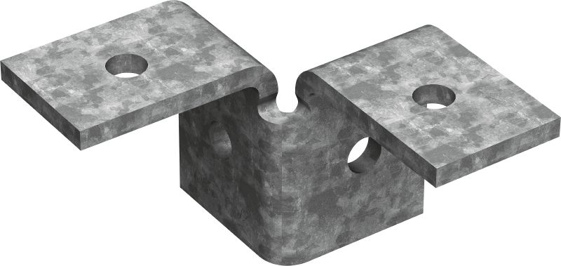 MT-C-T 3D/2 OC 翼型配件 用於以 3D 結構連接三個螺柱坑槽的雙翼型配件，適合在污染程度低的戶外使用